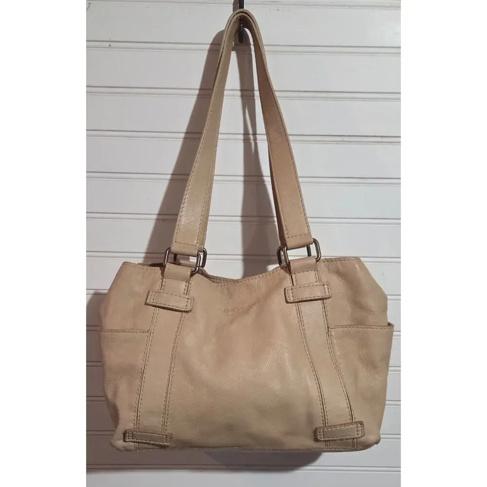 American Leather Co. Genuine Leather Beige Shoulder Tote Handbag Purse